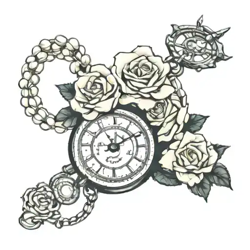 roses pearl necklace stop watch tattoo design idea