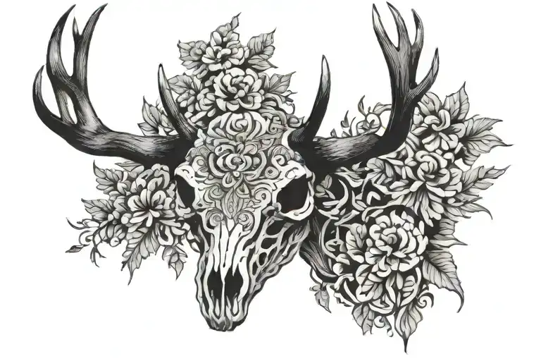 front on view of a black stencil deer skull, no background or other accents  tattoo design idea