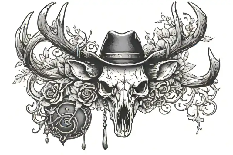 front on view of a black stencil deer skull with a cowboy hat hung on one antler  tattoo design idea