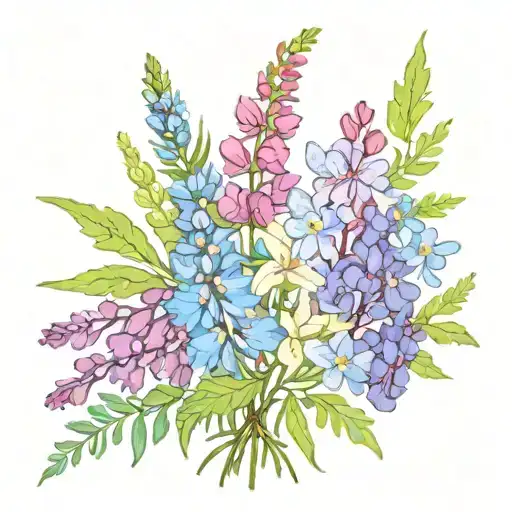 Fireweed, Forget Me Not, Lupine bouquet tattoo design idea