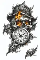 make a broken clock a skull staring through with flames coming out his eyes tattoo design idea