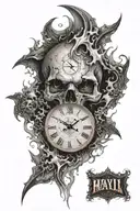 make a broken clock a skull staring through with flames coming out his eyes tattoo design idea
