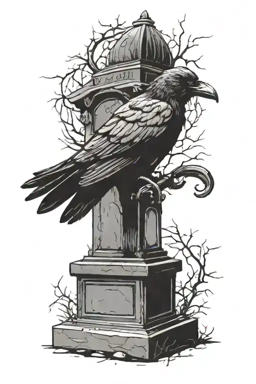 crow siting on a tomb stone in a grave yard bar tattoo design idea
