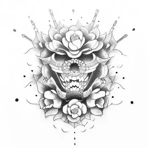 flores de cerejeira e samurai tattoo design idea