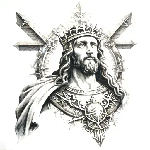 Rostro de Cristo con corona de espinas en un baldío y con el cielo iluminado por un relámpago. tattoo design idea