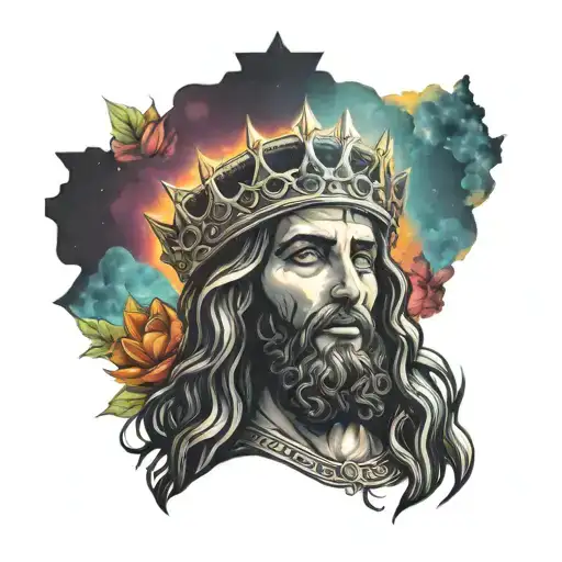 Rostro de Cristo con corona de espinas en un baldío y con el cielo iluminado por un relámpago. tattoo design idea