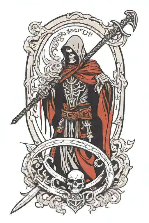 death with scythe with raven and norse runes engraved tattoo design idea