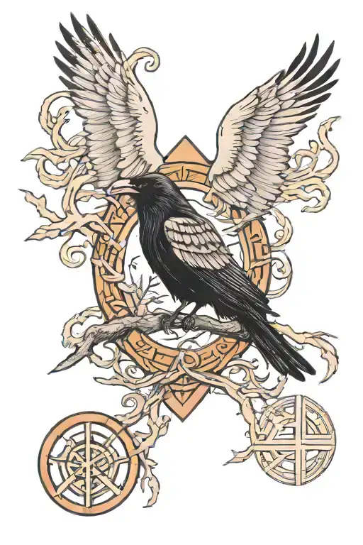 death skill with raven and nordic runes tattoo design idea