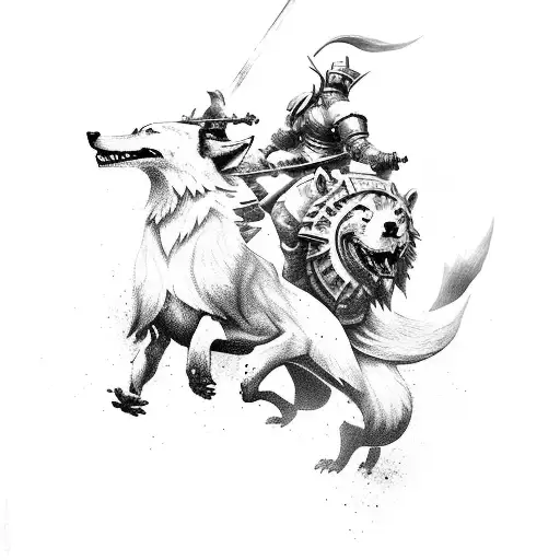 An epic battle scene featuring league of legends characters riding wolves into war tattoo design idea