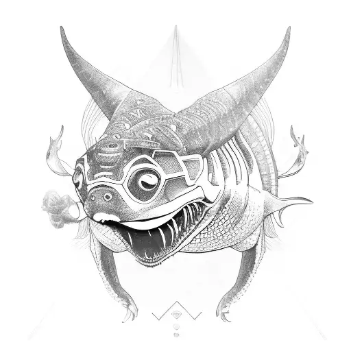 bullmastiff face, surrounded by manta ray, Komodo dragon, dolphin tattoo design idea