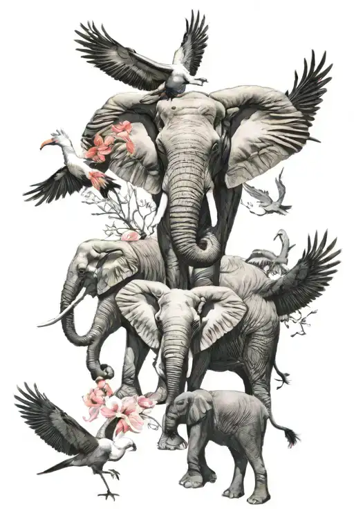 Elephant family with hawk and flamingo flying overhead  tattoo design idea