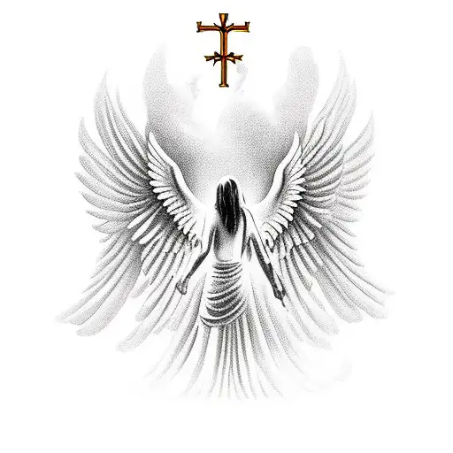 Christian ANGEL PRAYING ROSARY, WITH DOVE FLYING ABOVE HER HEAD tattoo design idea