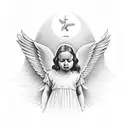 Christian ANGEL PRAYING ROSARY, WITH DOVE FLYING ABOVE HER HEAD tattoo design idea