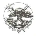 Something to remember my dad, he loved sitting next to his fire pit under the big tree tattoo design idea