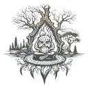 Something to remember my dad, he loved sitting next to his fire pit under the big tree tattoo design idea