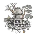 Something to remember my dad, he loved sitting next to his fire pit under the big tree tattoo design idea