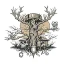 Something to remember my dad, he loved sitting next to his fire pit under the big tree tattoo design idea