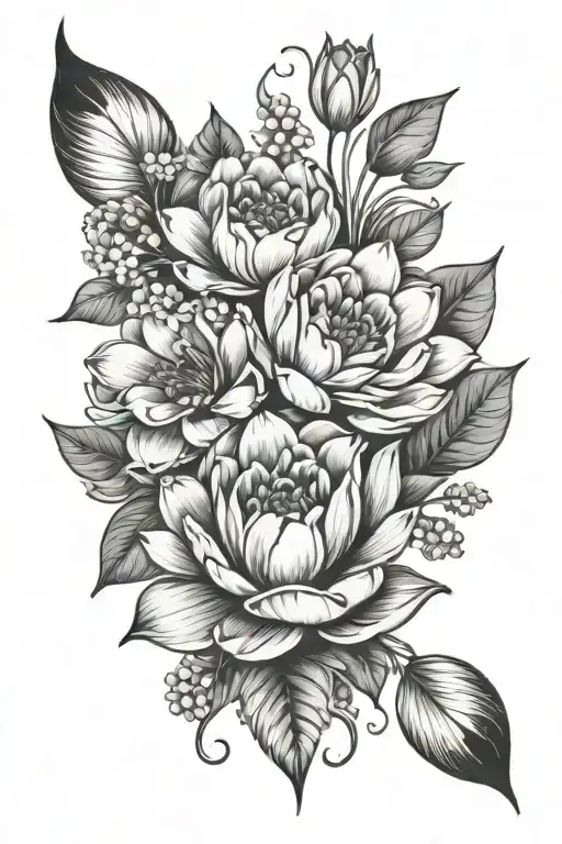 floral half sleeve with tulip, lotus, gerber daisy and hydrangea  tattoo design idea