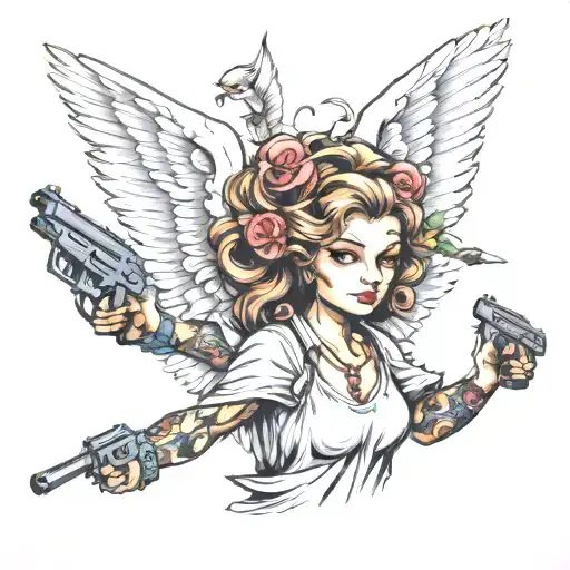 angel with wings and guns money drugs tattoo design idea