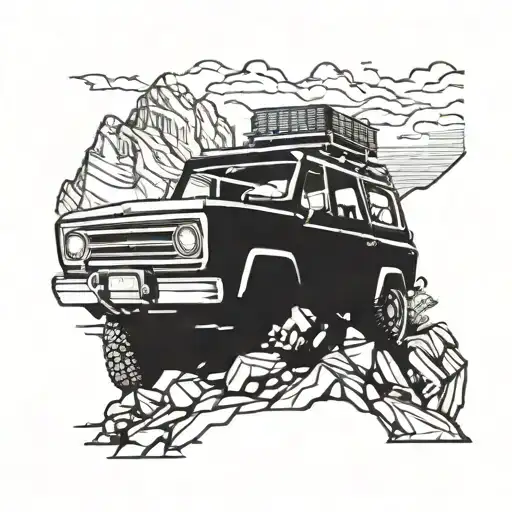 Incorporate a rugged off-road vehicle navigating through rocky terrain into the design tattoo design idea