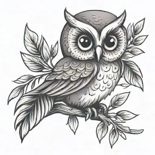 cute owl with olive branch tattoo design idea