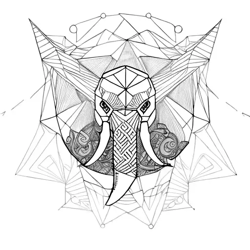A minimalist tattoo of a geometric design incorporating the engineer's favorite elements - an elephant and an owl - representing the interconnectedness of all things in the universe. tattoo design idea
