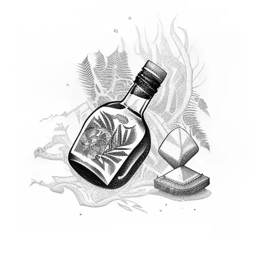 A rum bottle surrounded by lush palm branches tattoo design idea