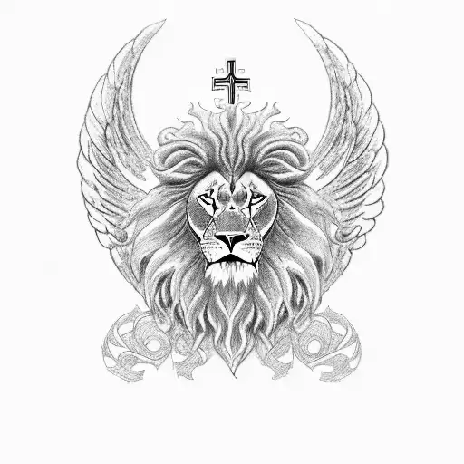 A blackwork tattoo depicting a mighty lion and a guardian angel kneeling before a detailed sketch of Christ on a cross tattoo design idea