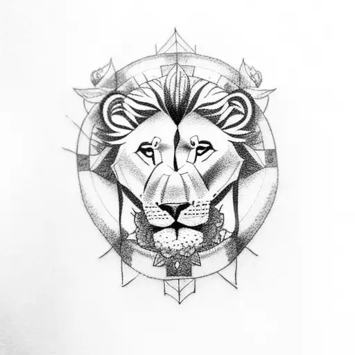 A dotwork tattoo featuring a serene image of Christ surrounded by angel wings, with a small lion cub resting at his feet tattoo design idea