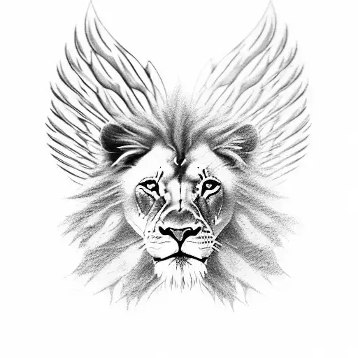 A majestic lion with angel wings, standing in front of a stunning black and grey sketch of Christ tattoo design idea