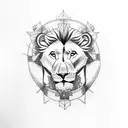 A dotwork tattoo featuring a serene image of Christ surrounded by angel wings, with a small lion cub resting at his feet tattoo design idea