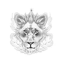 A dotwork tattoo featuring a serene image of Christ surrounded by angel wings, with a small lion cub resting at his feet tattoo design idea