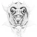 A dotwork tattoo featuring a serene image of Christ surrounded by angel wings, with a small lion cub resting at his feet tattoo design idea