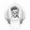 A dotwork tattoo featuring a serene image of Christ surrounded by angel wings, with a small lion cub resting at his feet tattoo design idea