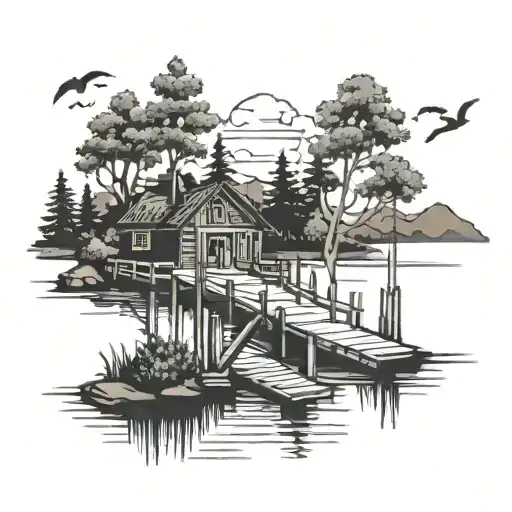 lake scene with dock extending tattoo design idea