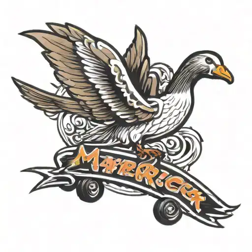 goose flying with hot wheels banner saying "MAVERICK" tattoo design idea