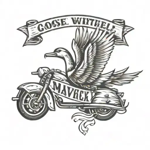goose flying with hotwheel banner saying "MAVERICK" tattoo design idea