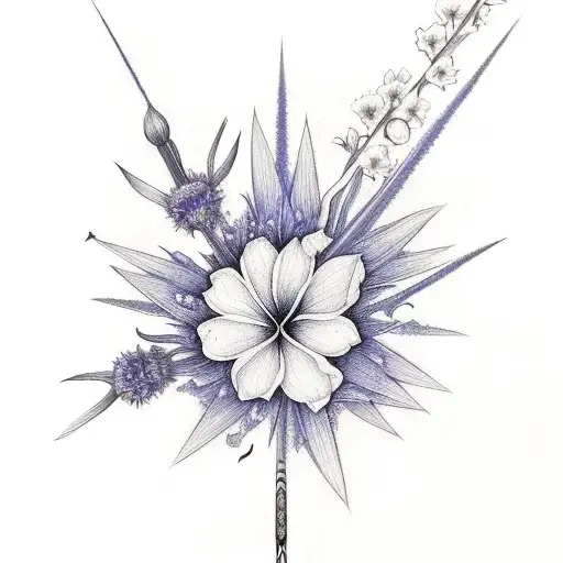 sai swords with cornflowers,hibiscus,plumerias,and cherry blossoms tattoo design idea