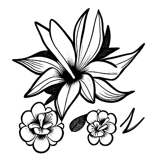 trident with cornflowers, hibiscus, plumerias,and cherry blossoms tattoo design idea