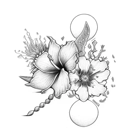 trident with cornflowers, hibiscus, plumerias,and cherry blossoms tattoo design idea