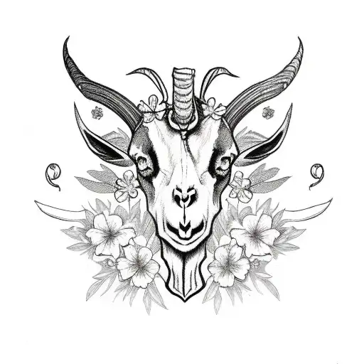goat skull with sai swords and cornflowers,hibiscus,plumerias,and cherry blossoms tattoo design idea