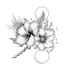 trident with cornflowers, hibiscus, plumerias,and cherry blossoms tattoo design idea