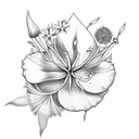trident with cornflowers, hibiscus, plumerias,and cherry blossoms tattoo design idea