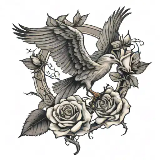 flying heron with a hawk flying over rose bud intertwined with amber hawthorn, at hhe bottom one grave tattoo design idea