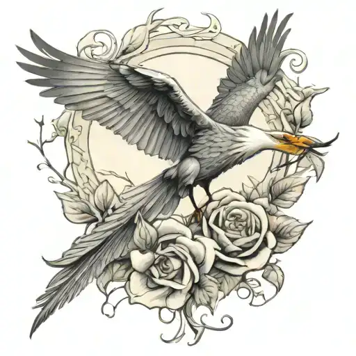 flying heron and a hawk flying together over a rose bud intertwined with amber hawthorn, at the bottom of all, one grave tattoo design idea