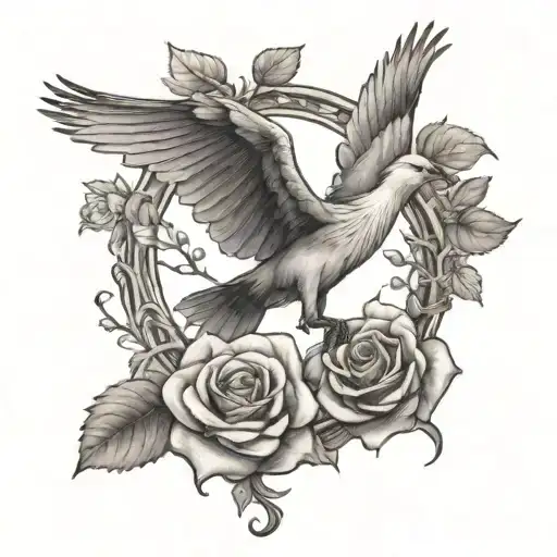 flying heron and a hawk flying together over a rose bud intertwined with amber hawthorn, at the bottom of all, one grave tattoo design idea