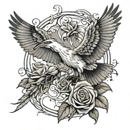 flying heron with a hawk flying together over rose bud intertwined with amber hawthorn  tattoo design idea