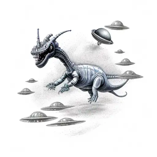 gray alien in space with UFOs abducting dibosaurs from earth, full color tattoo design idea