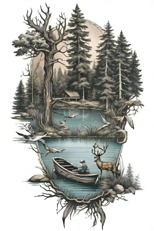 forest scene with a lake  with fish and a boat with deer , geese, and ducks tattoo design idea