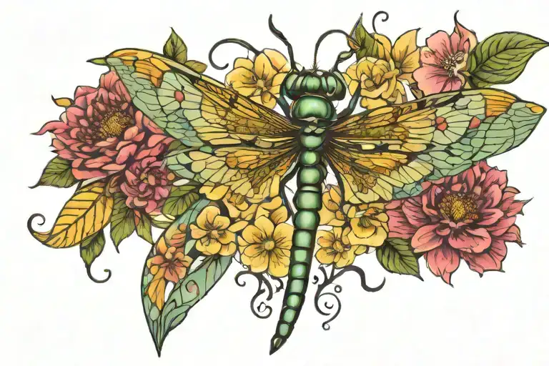 dragonfly, flowers, thin and thick lines and snake tattoo design idea